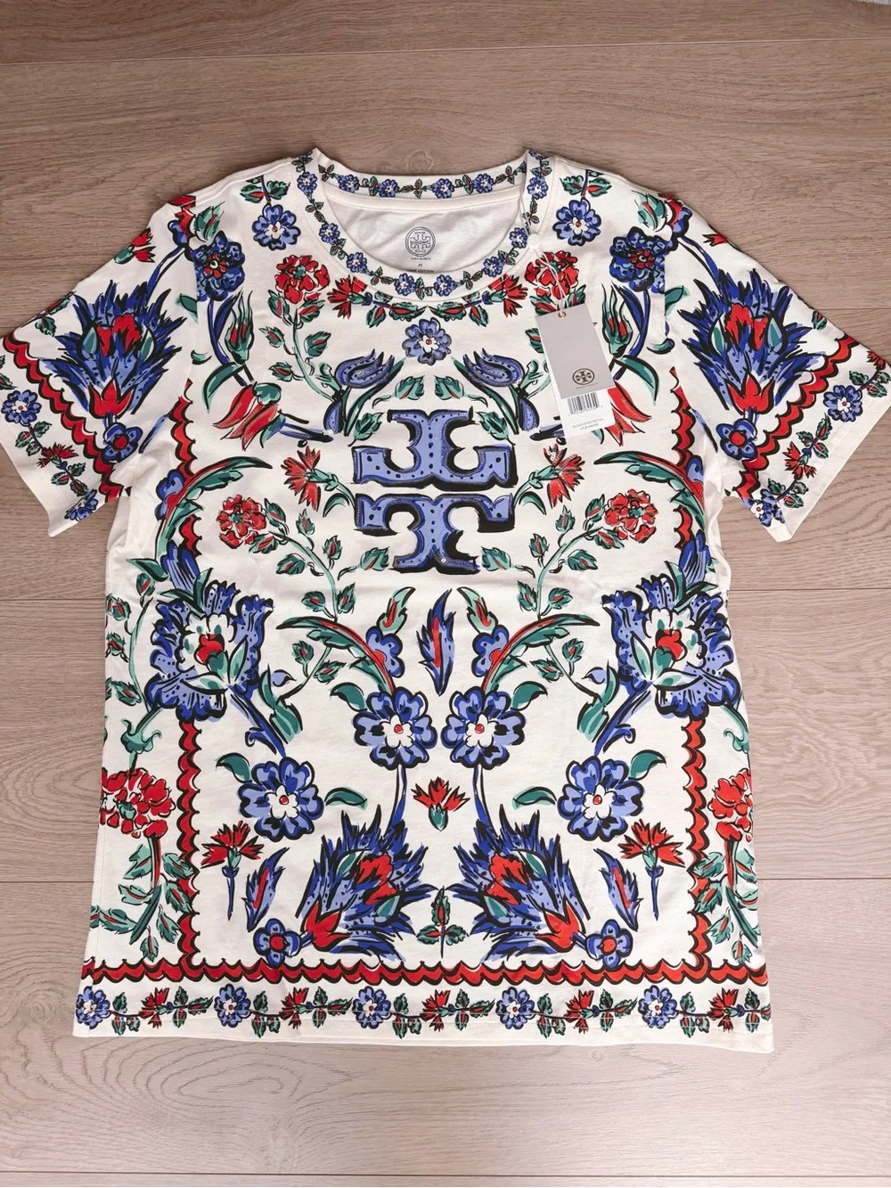 Tory Burch Cream Tee with Blue and Red Floral Logo Print